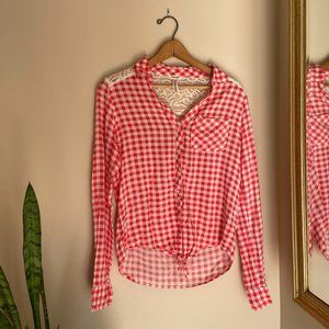 Red plaid top with lace back